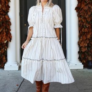 HUNTER BELL White and navy Striped Midi Dress XS